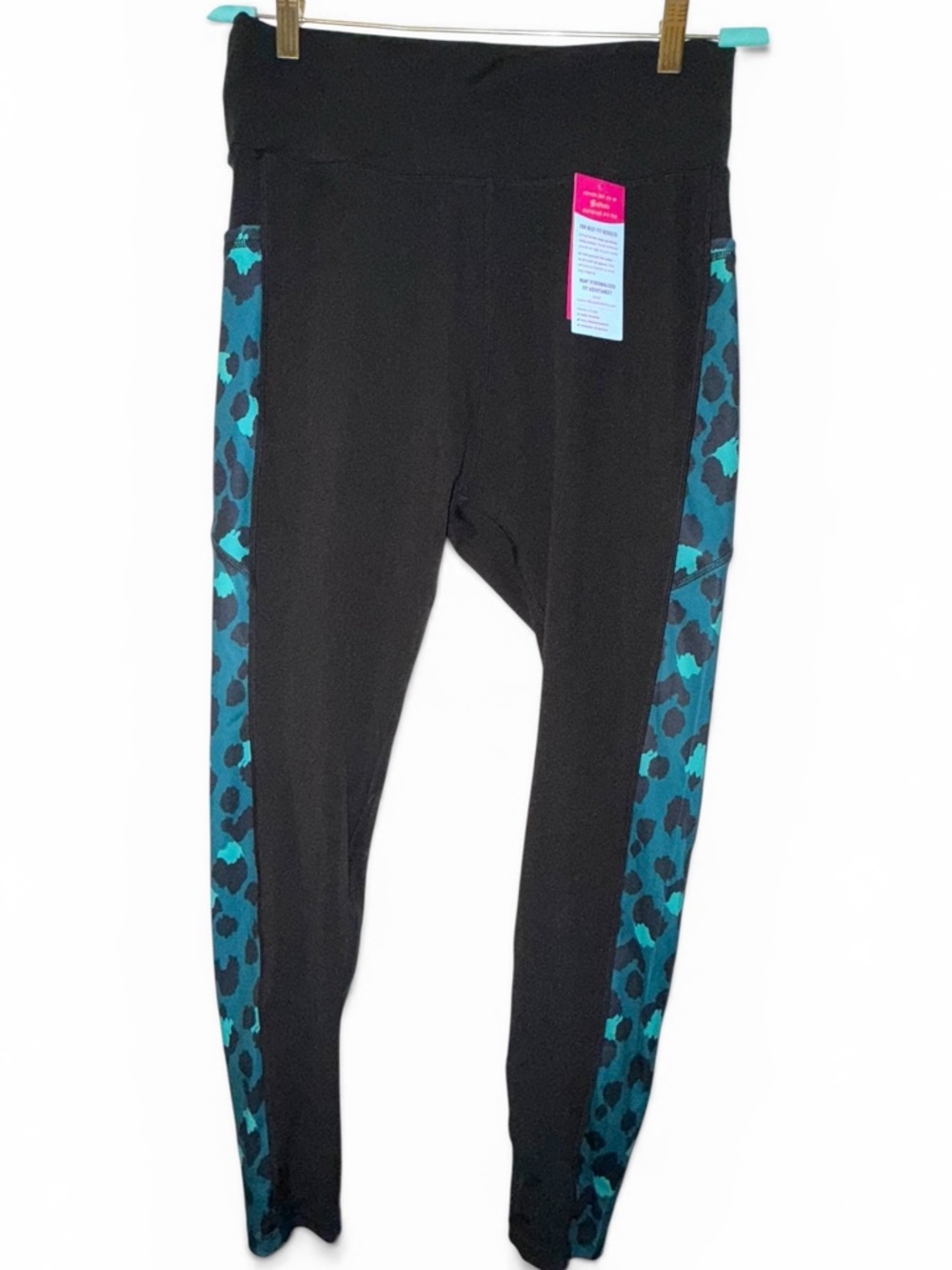 POP Fit Black Leggings with Teal Leopard Side Panels